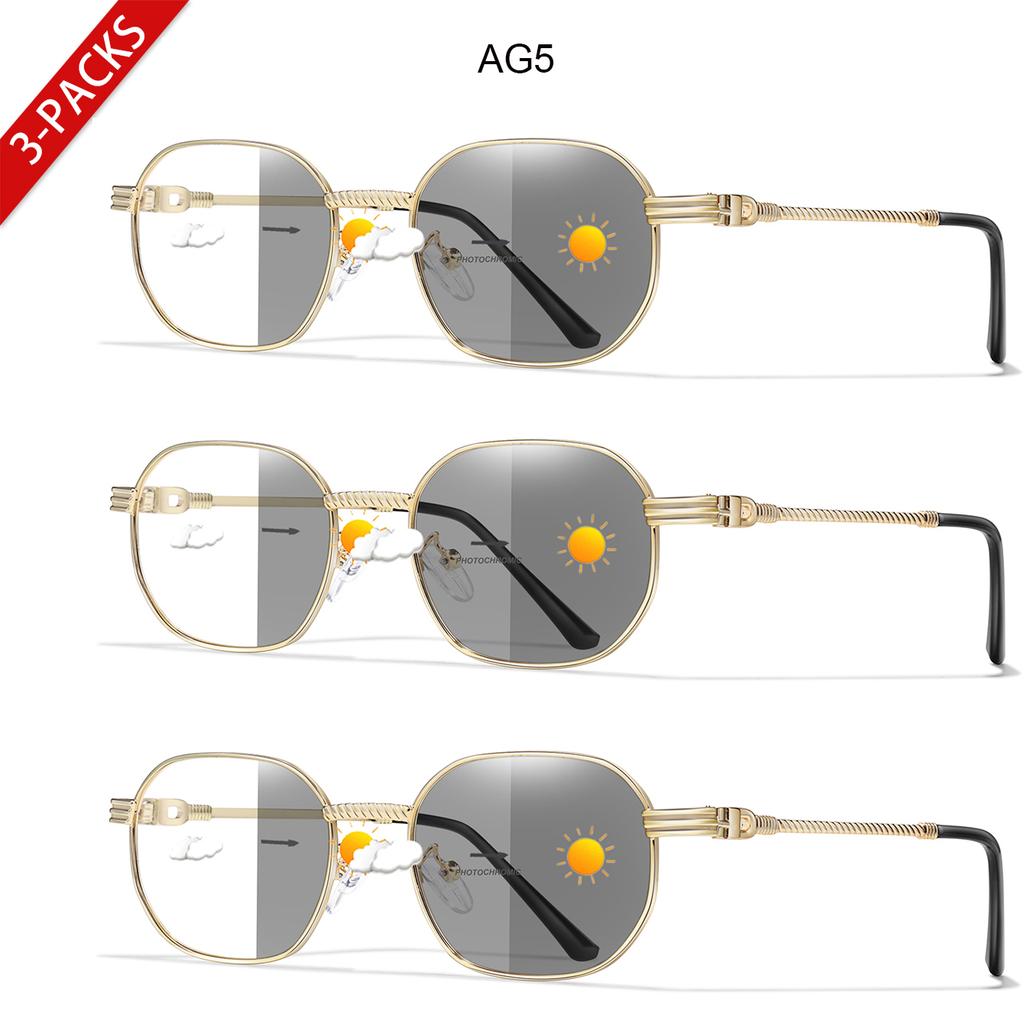 3 Pairs Anti-Blue Light Photochromic Reading Sunglasses Women Men Metal Round Trendy Classic Style Protection Unisex Eyewear