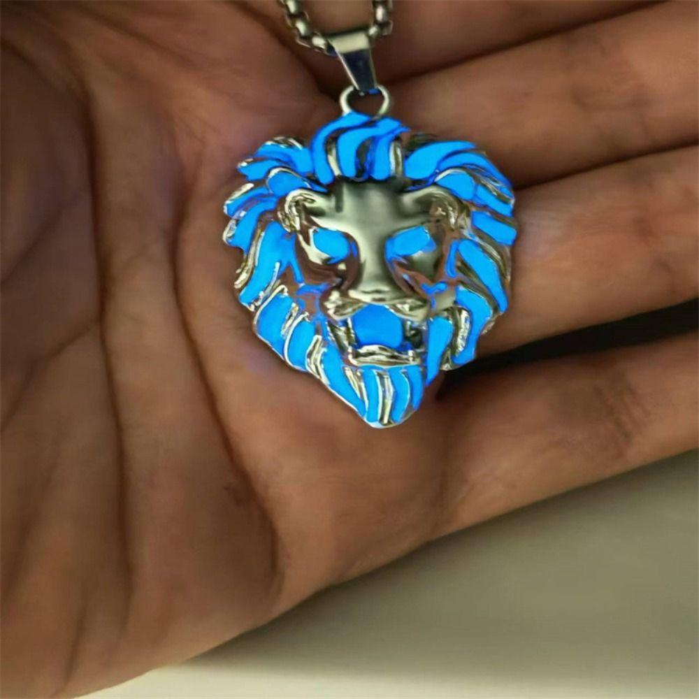 Zinc Zinc Alloy Luminous Pendant Necklace Lion Wolf Hip Hop Neck Chains Cool Halloween Necklace  Party