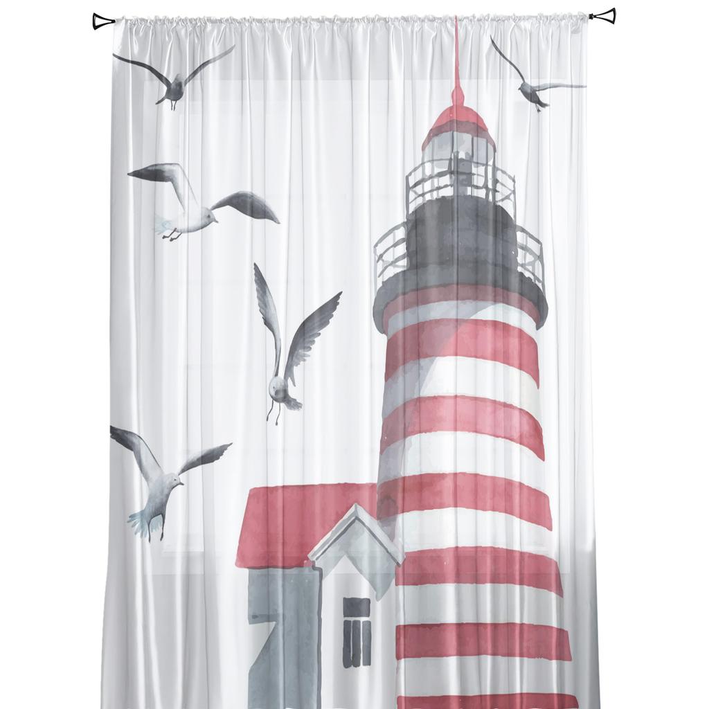 Maják s rackem akvarelové umění bílé průsvitné záclony do obývacího pokoje dekorace okenní záclony kuchyňské tylové záclony voile