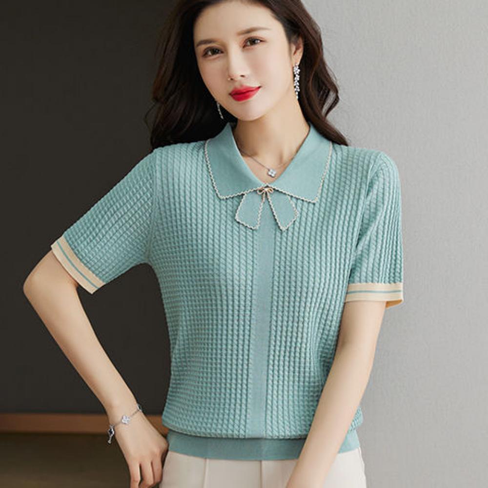 Summer Ice Silk Short Sleeved T-shirt Women's Thin POLO Collar Top New Fashionable Doll Collar Knitted Shirt
