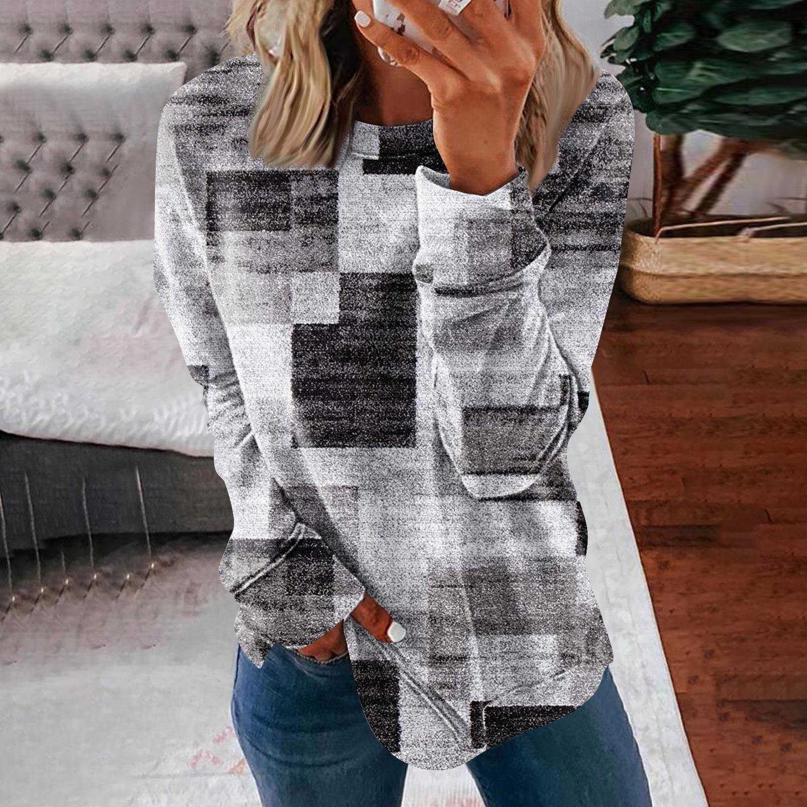 

Женские топы с круглым вырезом, хлопковая женская повседневная модная блузка с длинным рукавом и круглым вырезом с цветочным принтом, пуловер L серый