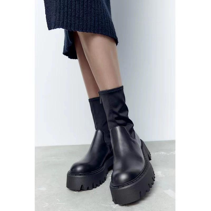 Black Chunky Platform Ankle Boots Elastic Sock Design Round Toe Side Zipper Thick Lug Sole Women'S Edgy Goth Style Footwear