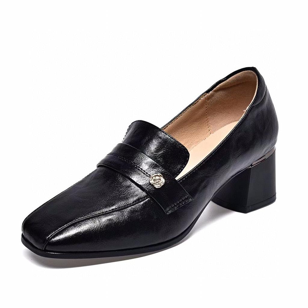Square head small leather shoes women's 2025 spring new simple and generous light mouth thick heel work shoes medium heel leather shoes dress shoes