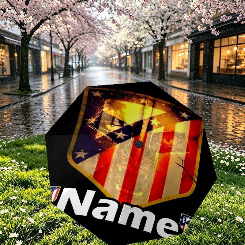 Custom Name Personalized Atletico Madrid Print Umbrella, Auto Open Close, 8‑Rib Sturdy Frame, Commute Camping Hiking Use, Birthday Gift