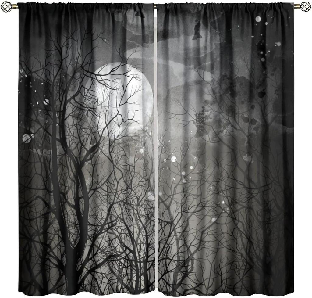 Mysterious Jungle Curtains Abstract Gothic Strange Dark Black Tree Branch Forest Glitter Moon View Home Decor Window Treatments Made Of Polyester