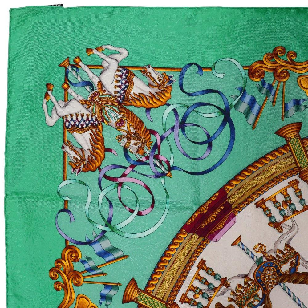 Hermes Carree90 Scarf LUNA PARK Amusement Park Merry-go-round Green Silk Women Used