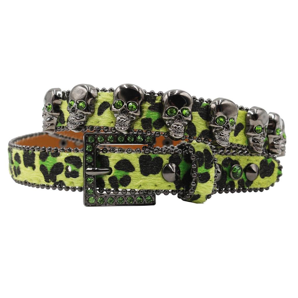 Leopard Print Women's Belt with Skull Design and Rhinestone Pin Buckle - Hip Hop Nightclub Style
