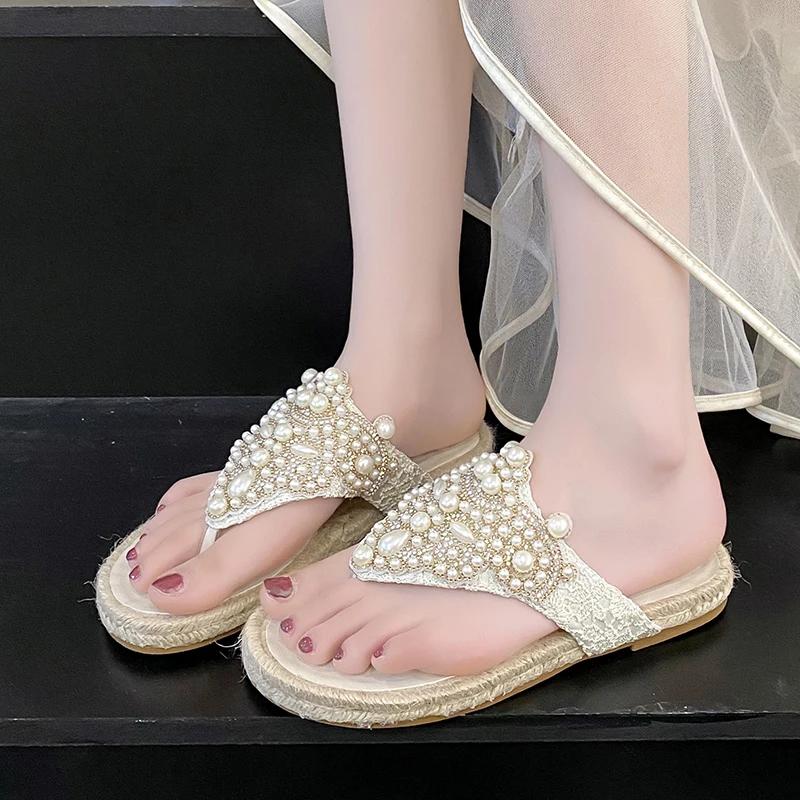 

Fashion Beaded Women Flats Flip Flops Crystal Weave Slippers Casual Shoes Summer New Sandals 2025 Designer Luxury Clip Toe Shoes Zapatos 35 абрикосовый