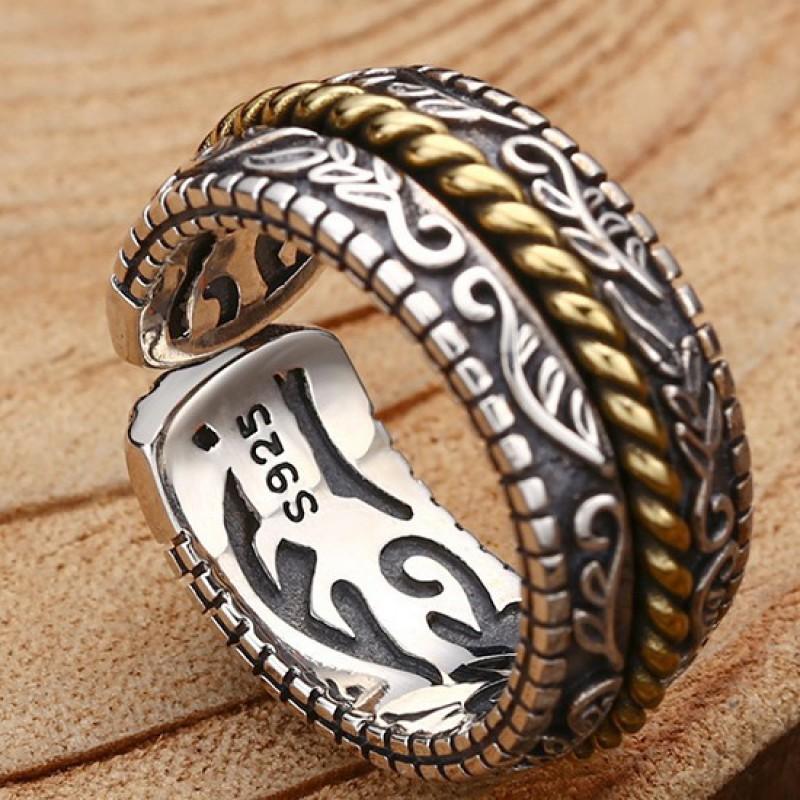 Adjustable Open Ring Men Women Vintage Tang Grass Plated Geometric Finger Stylish Retro Band