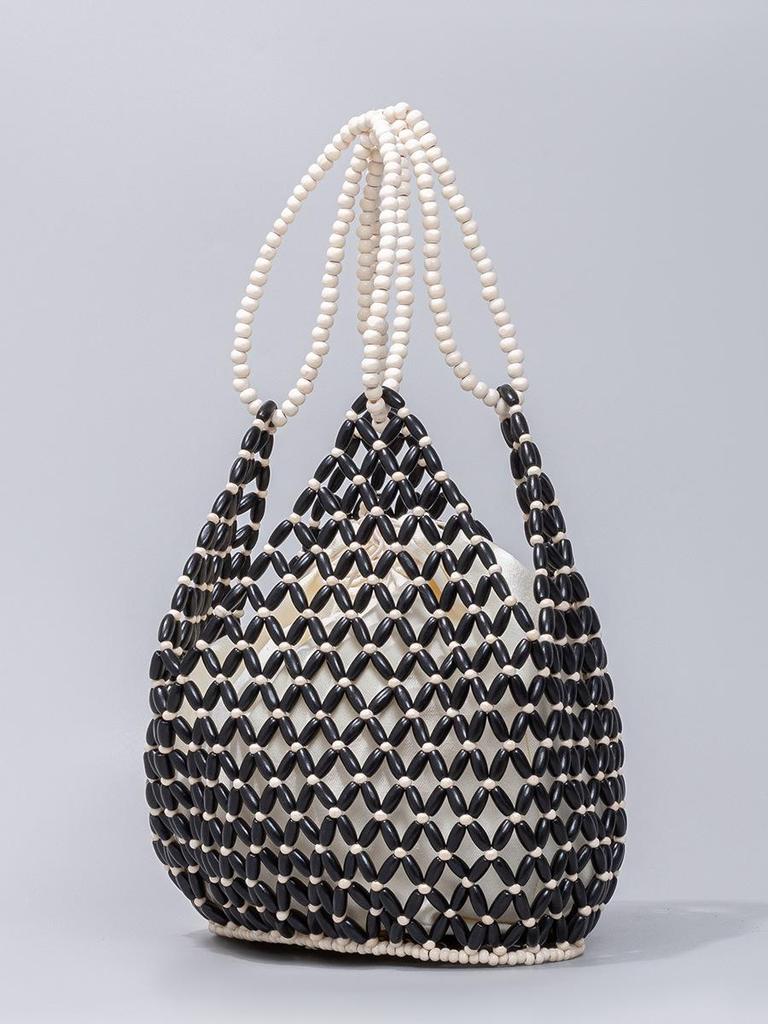 Custom Handmade Woven Beach Bag with Wooden Beads - Women's Casual Travel Handheld/Shoulder Bag