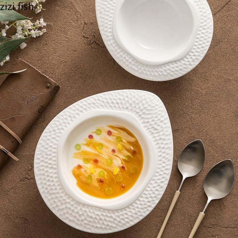 Matte Egg Shaped Ceramic Bowl Dining Plate Dessert Bowl Sashimi Plates Double Layered Soup Plate Serving Plates Dim Sum Dish
