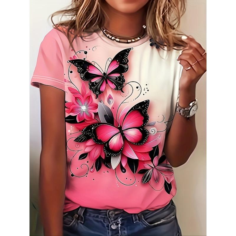 

Women s Tee - Pink Butterfly Floral Graphic, Chic Romantic Garden Design for Casual Daily Wear S