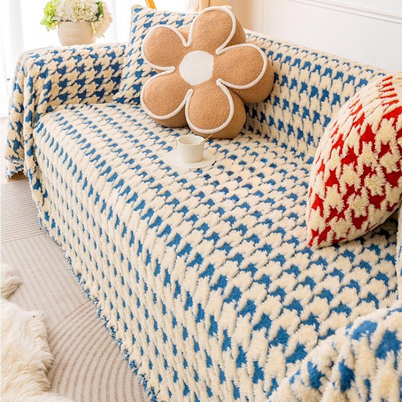 New Winter Lamb Velvet Sofa Cover Cloth Houndstooth Sofa Towel Full Cover Light Luxury Backrest Sofa Cover