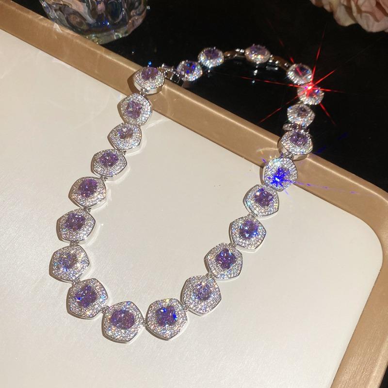 Court Style Purple Zircon Square Necklace Bracelet Earrings Elegant Fashion Jewelry Set Light Luxury Temperament Jewelry Women
