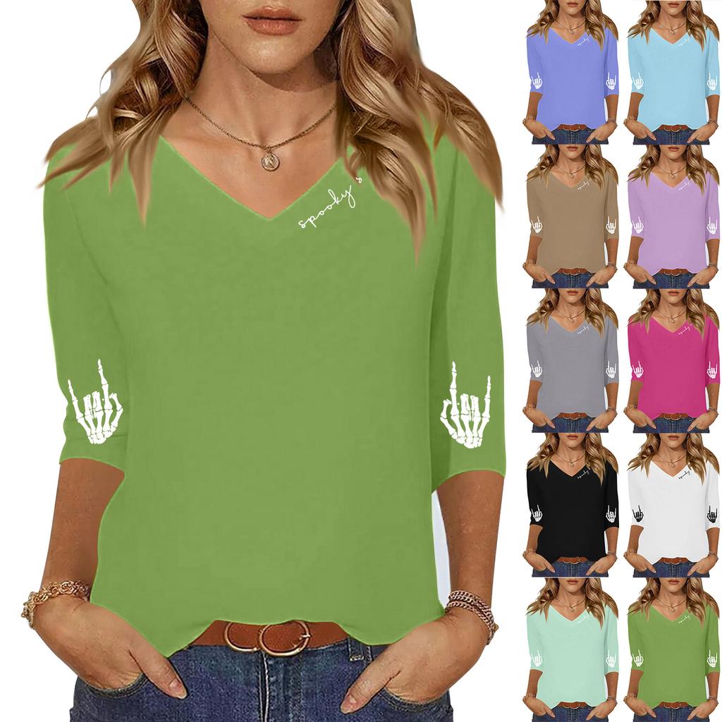 Women's Three-quarter Sleeve Shirt V-neck Loose Casual Spooky Scason Halloween Print Top