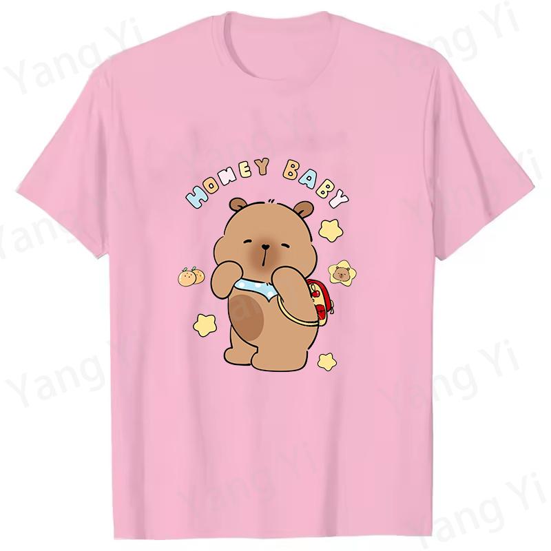 Modische Capybara Trage Rucksack Druck T-Shirt Lässig Kurzarm Grafik T-Shirt Unisex Locker Harajuku Shirt Honey Baby Oberteile