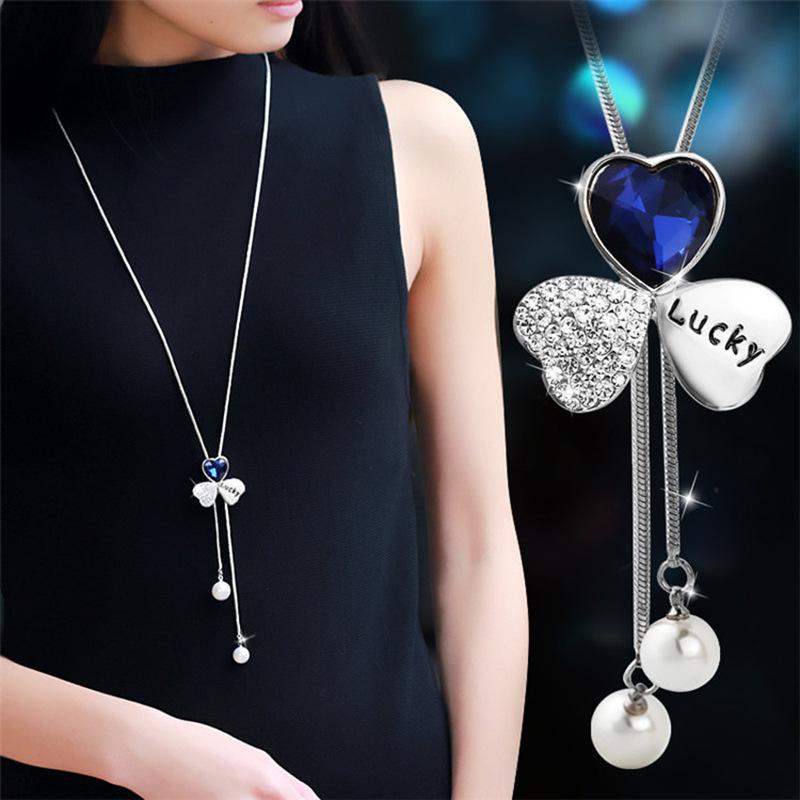 Korean Elegant Crystal Tassel Necklace - Versatile Pendant Jewelry синий