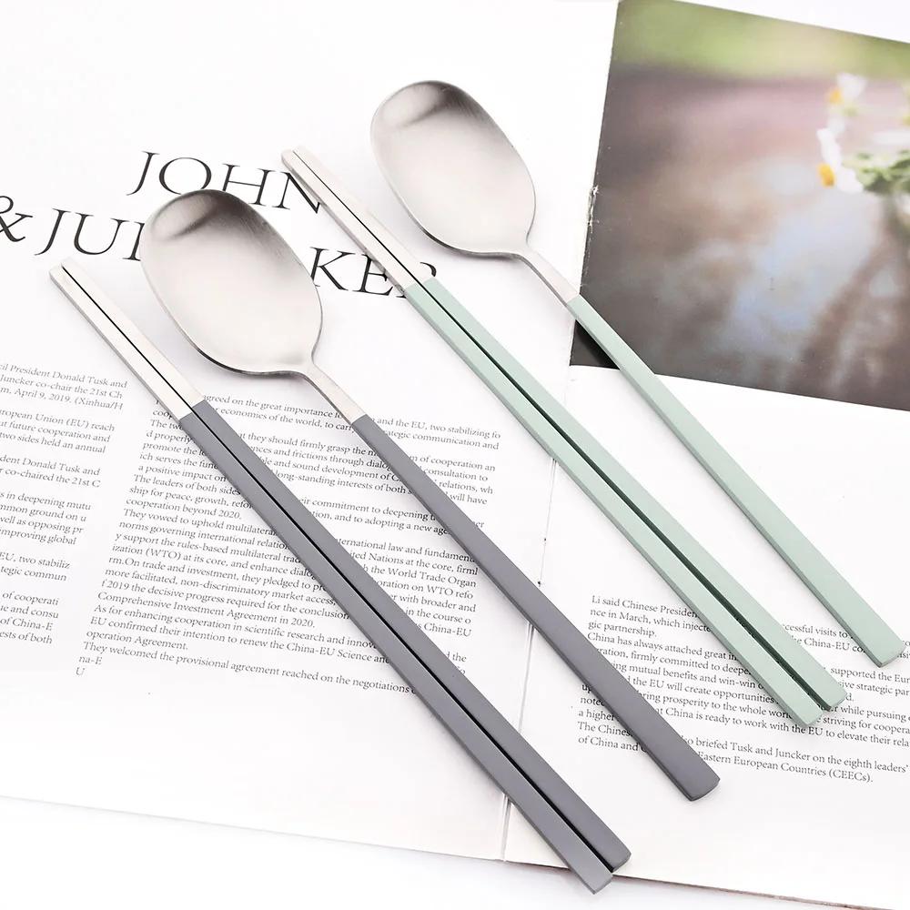 8Pcs Korean Dinnerware Set Silver High Quality Stainless Steel Flatware Set Matte Dinner Spoon Chopsticks Tableware Cutlery Set