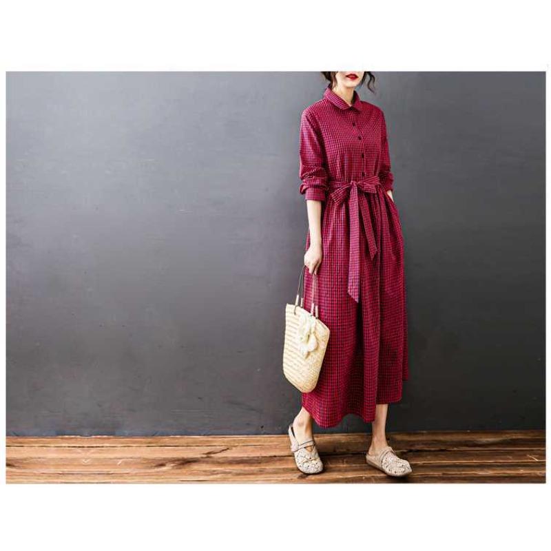 Women's Cotton and Linen Loose Fitting Plaid Mid Length Dress