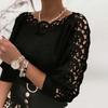 Womens Lace Sleeve Knit Sweater Crew Neck Long Sleeve Hollow Out Floral Pullover Tops