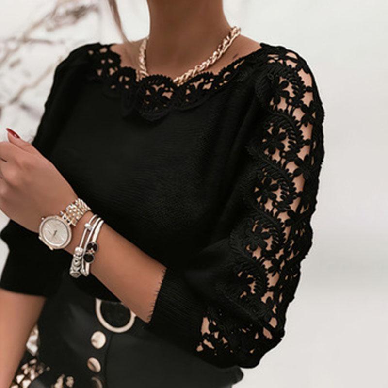 Womens Lace Sleeve Knit Sweater Crew Neck Long Sleeve Hollow Out Floral Pullover Tops