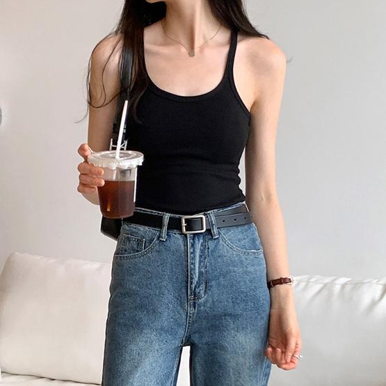 Verão Novo Cor Sólida Simples Regatas Femininas Slim Casual Moda Feminina Top Damasco Cinza Escuro Café Escuro Preto Regatas