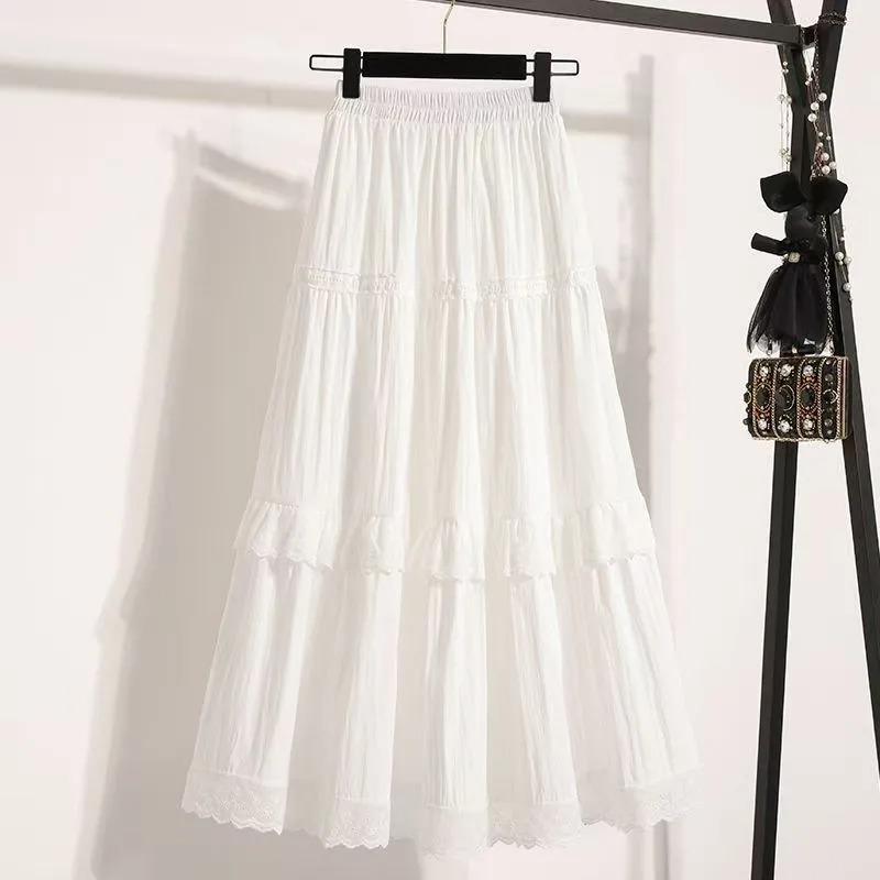 Women White Lace Tiered Midi Skirt Elastic Waist Flowy A Line Skirt With Lining M