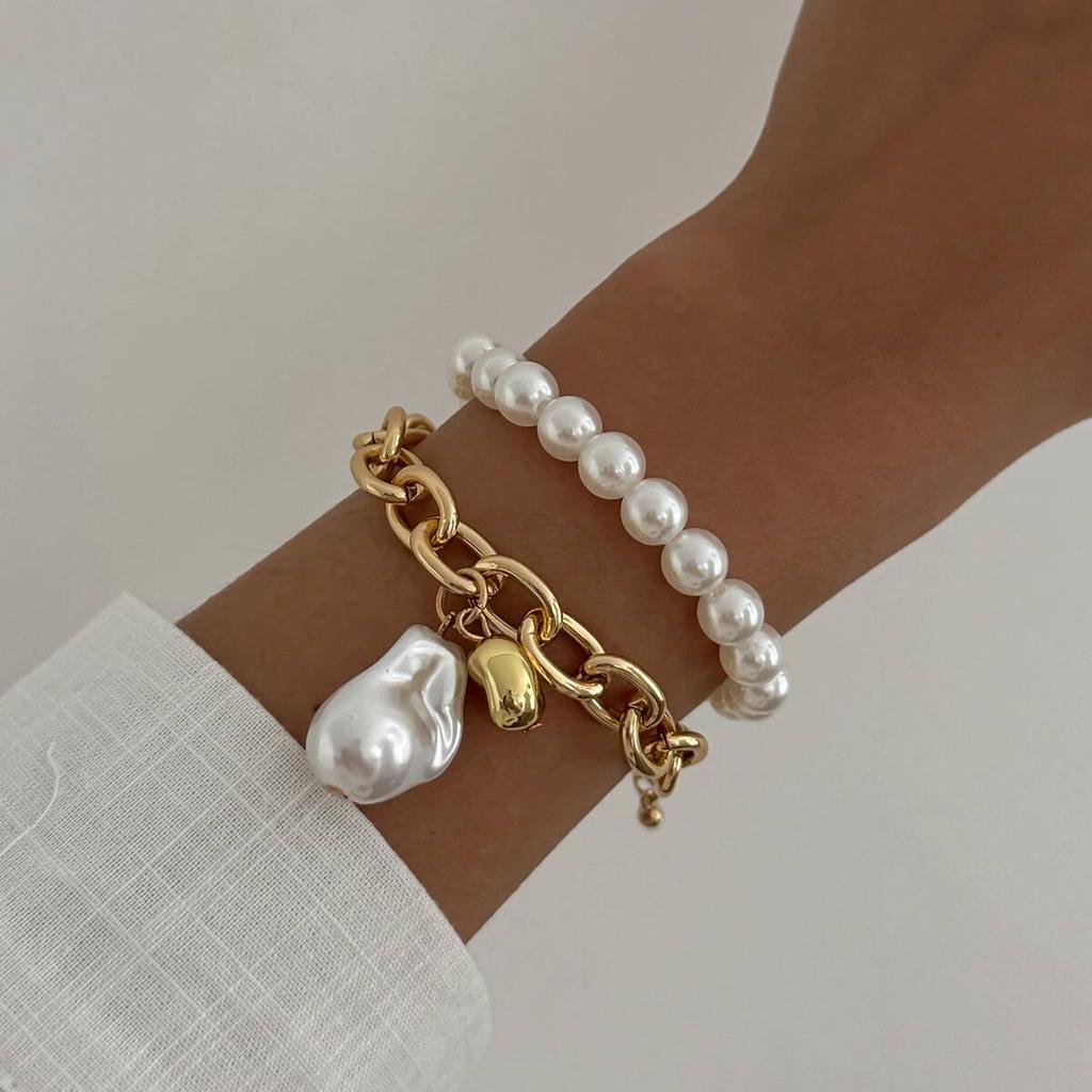 Salircon Fashion Baroque Imitation Pearl Bead Pendant Bracelet Women Exquisite Handmade Metal Bangle Bridal Wedding Jewelry Gift