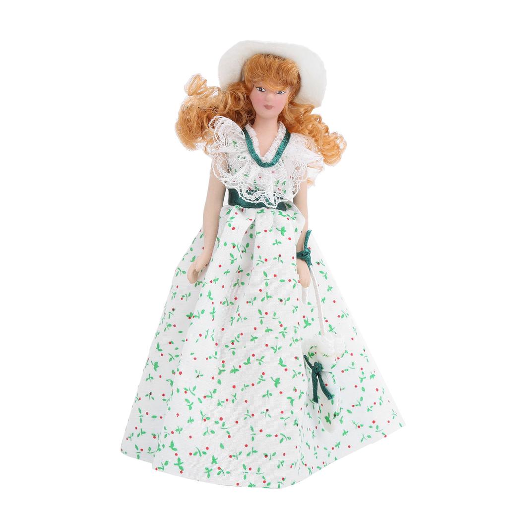 1:12 Miniature Porcelain Doll Green Dress Women Lady Doll Elegant Dollhouse Accessory