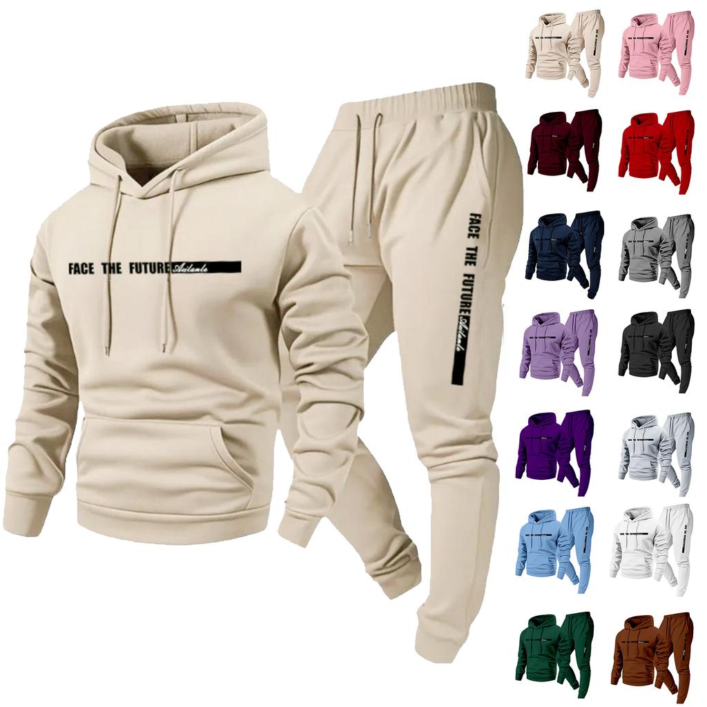 Pánská ležérní jednobarevná mikinová souprava s potiskem písmen, Pánská fleecová mikina s kapucí a stahovací šňůrkou a tepláky dvoudílná souprava