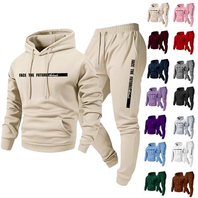Herren Casual Einfarbig Bedrucktes Sweatshirt-Set, Herren Fleece Kapuzenpullover mit Kordelzug und Sweatpants Zweiteiliges Set