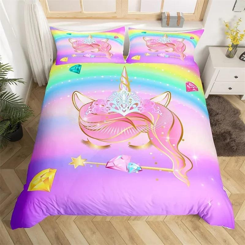 Magical Unicorn Ultra Soft Girls King Queen Bedding Set Microfiber With Sparkle Stars Print Duvet Cover Pillow Case Home Textile