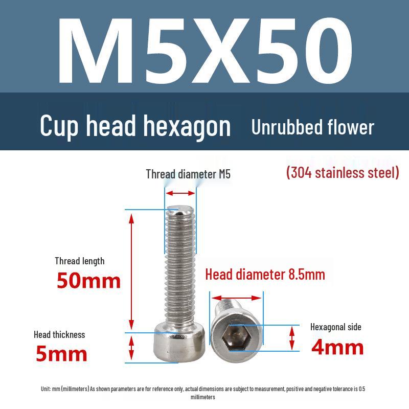 Yigu 304 Stainless Steel Socket Head Cap Screw, M2-M6 Cylindrical Head, Full Thread, Non-Knurled