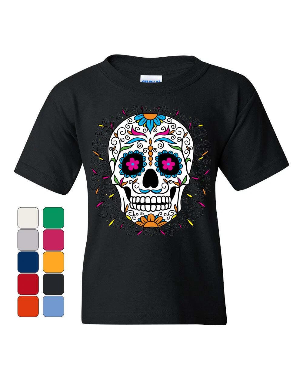 

Floral Sugar Skull Day of the Dead Youth kids boys T-Shirt Dia de los Muertos 110