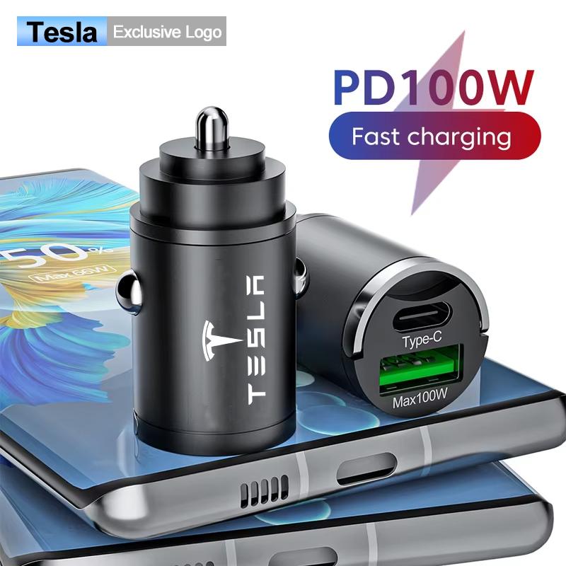 CQEPN1 Mini 100W PD Fast Charging Car Phone Charger USB C Adapter Logo For Tesla Model 3 Y S X Cybertruck Coil Bonina Juguete Roadster