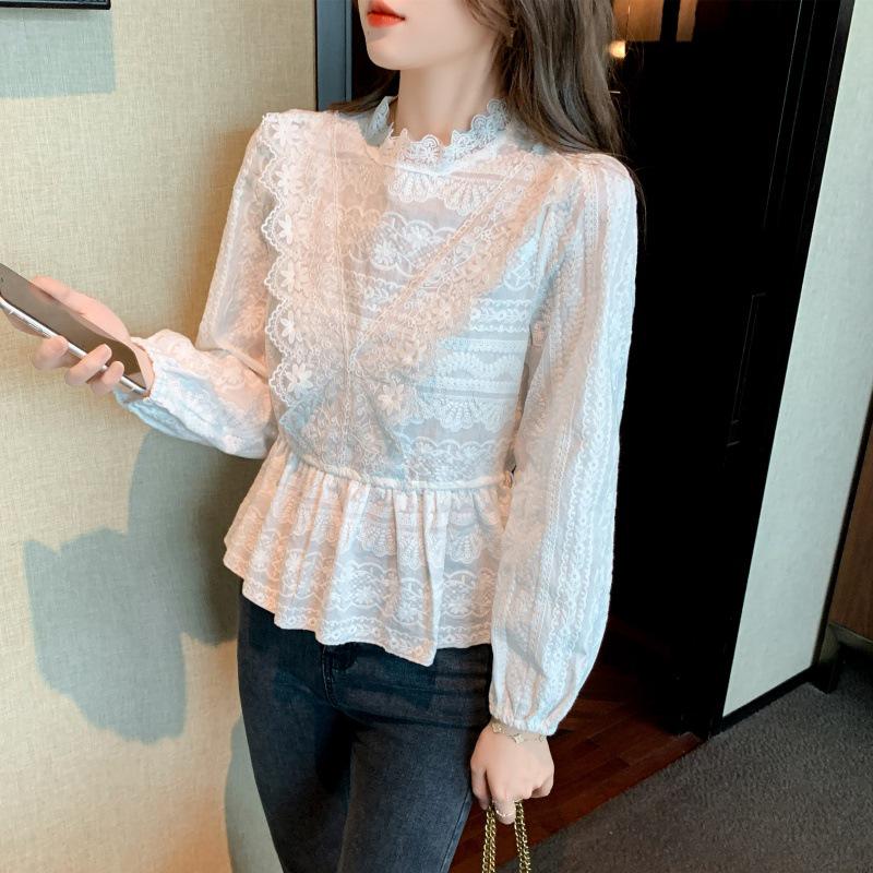 

Элегантная кружевная шифоновая блузка: Женская коллекция весна-осень 2025, стильная рубашка с акцентом на талии Extra Large белый