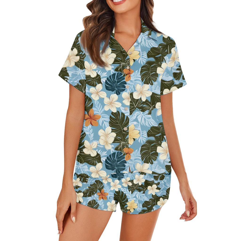 Women's Ice Silk Pajamas Button Homewear Hawaiian Print Short Sleeve Satin Pajama Set