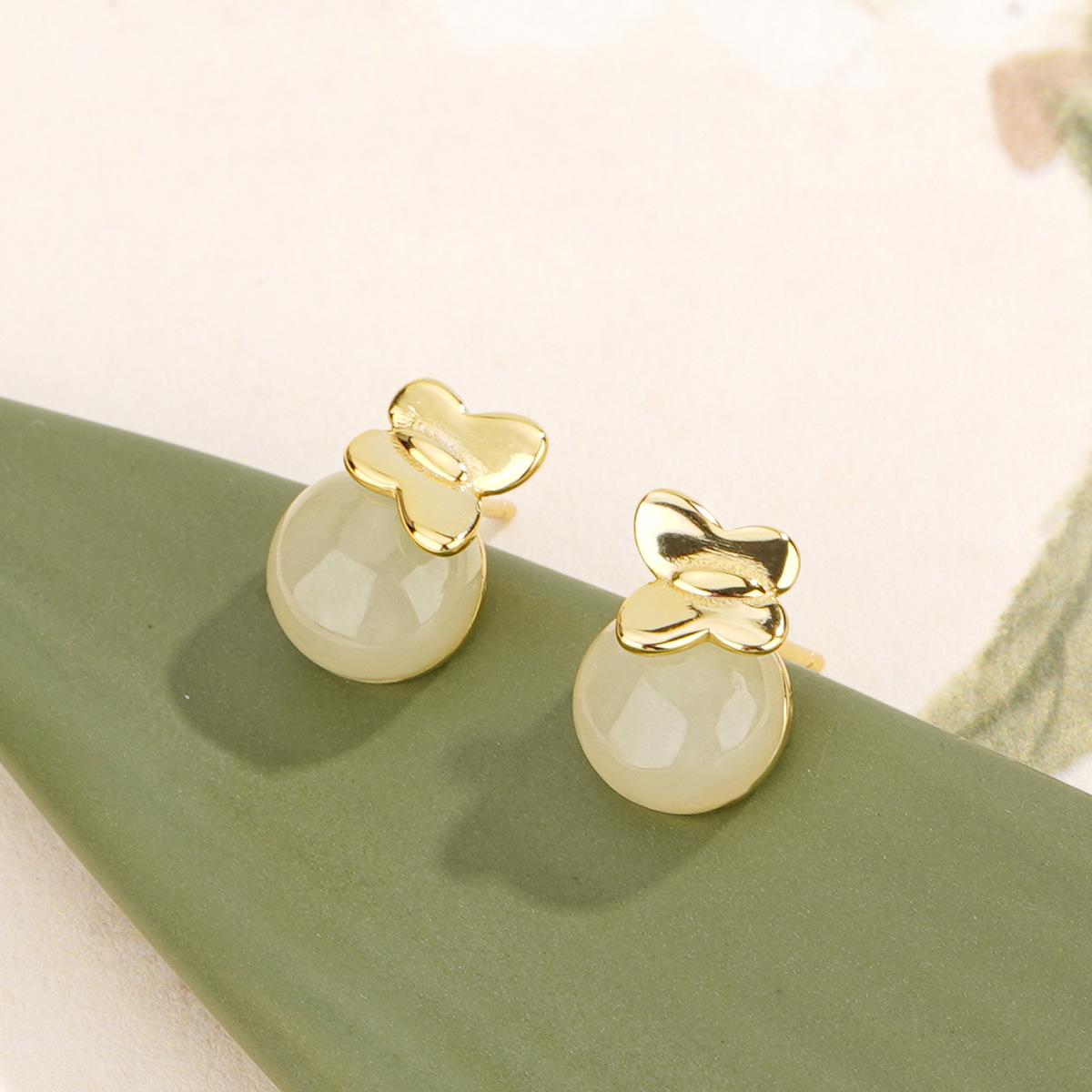 Tichiya Hetian Jade Butterfly Earrings for Women in S925 Sterling Silver - Elegant and Simple Chinese Style 925 Sterling Silver