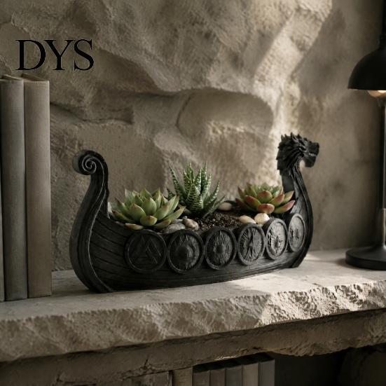 Modern Home Garden Decor Viking Longship Planter Pot, Dragon Boat Indoor Plant Holder for Cacti Creative Resin Air Plants, Rustic Nordic Ship