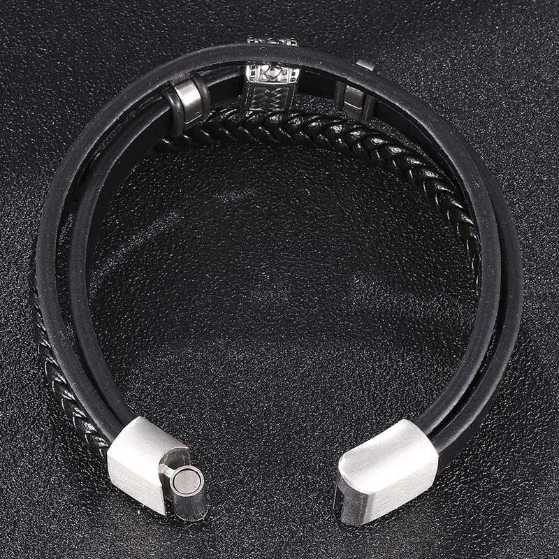 New Fashion Men Multilayer Braided Leather Bracelets Stainless Steel Hand Charm Rope Bracelets For Male Bracelets Gift