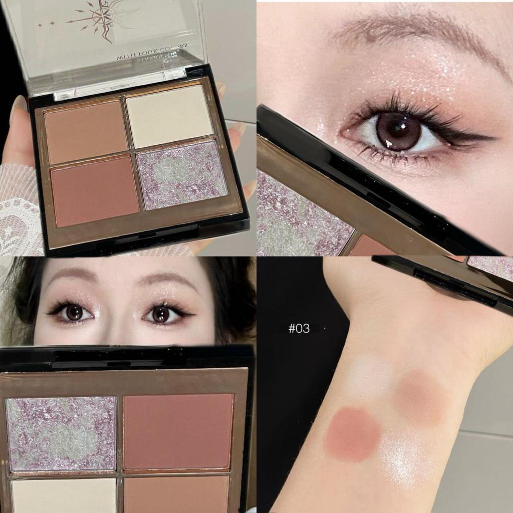 Palette Ombretti Tonalità Terra Herorange: Mix a quattro colori con finiture opaca, shimmer e glitter intensi nelle tonalità del rosa e del marrone.