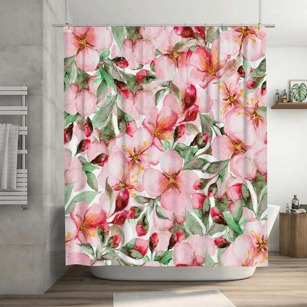 Delightful Pink Bloom Watercolor Shower Curtain Flower Decor for Bathroom Home Decoration in Various Sizes