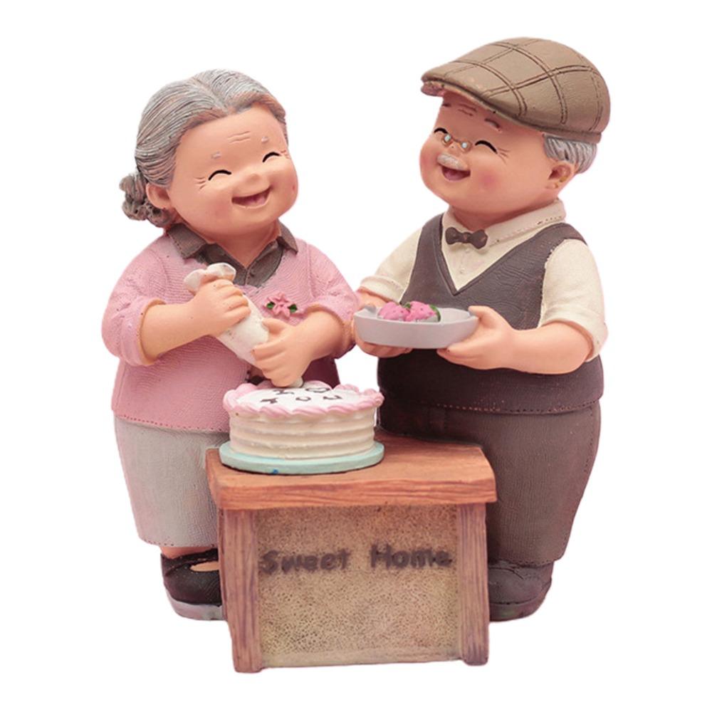 5in Grandpa Grandma Cake Making Statue Couple Anniversary Tabletop Decor Study Desk Display Piece