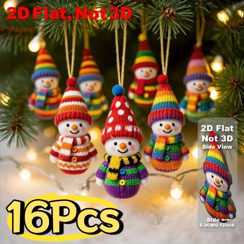 16Pcs 2D Flat Snowman Wooden Ornaments DIY Colorful Xmas Tree Hanging Ornament Creative with Ribbons Christmas Decoration Gifts