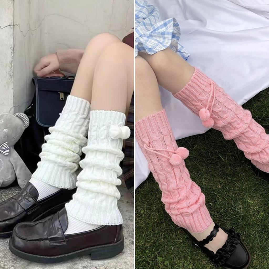 Japanese Jk Uniform Student Spring, Autumn And Winter Knitted Hairball Piled Thickened Warm White Stacked Socks Cover Female Long