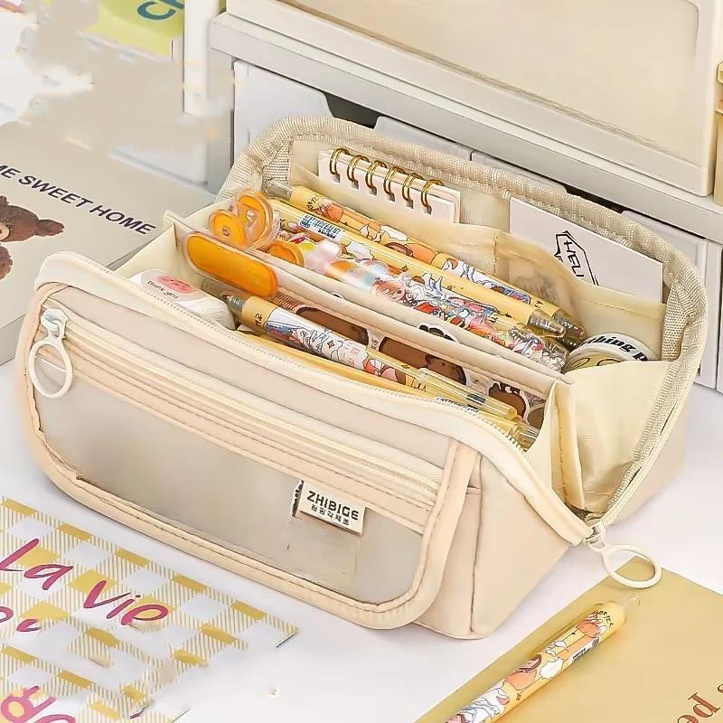 

1шт многослойные призмы большой емкости прозрачный пенал многофункциональный простой и высококачественный пенал бежевый