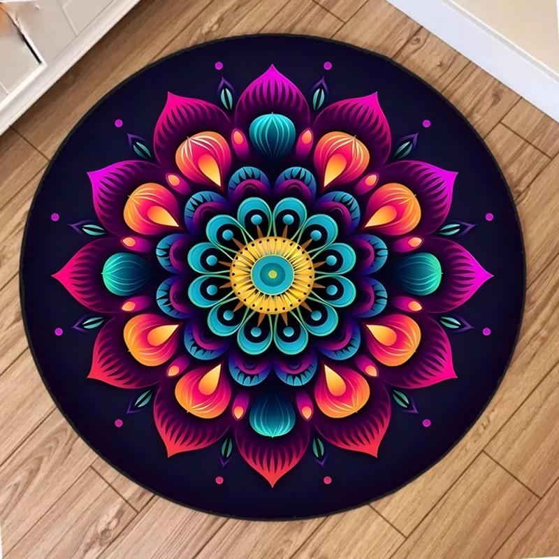 Bohemian Mandala Round Rug Non Slip Vintage Geometric Floral Circle Carpet for Living Room Bedroom Home Decor Floor Mat