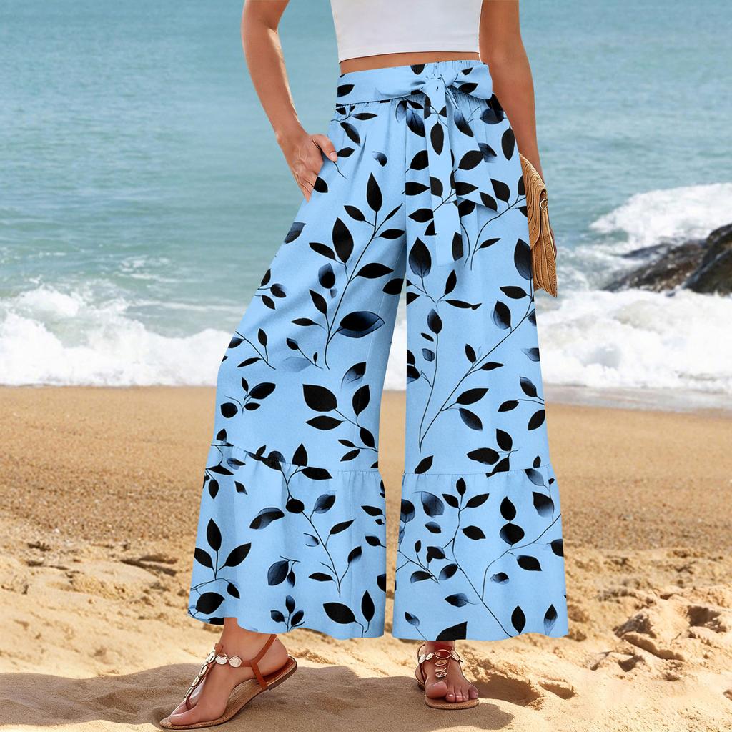 Pantalon décontracté large pour femme, Stretch, Taille haute, Ourlet à volants, Jambes larges, Ceinture, Et poches