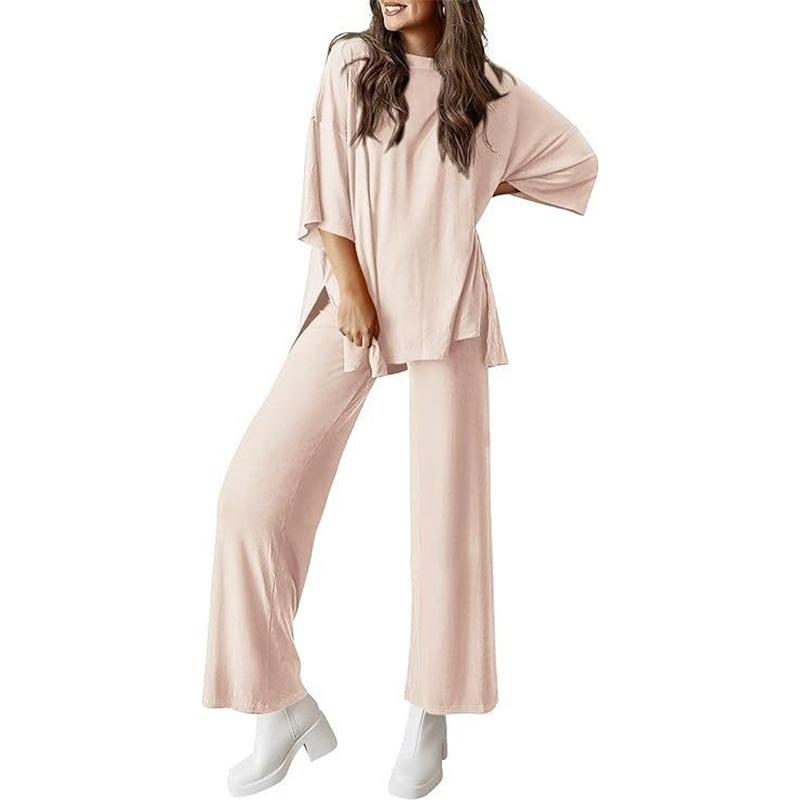 

Women s 2 Piece Outfit Oversized Half Sleeve Top Wide Leg Pants Set Casual Loungewear L абрикосовый