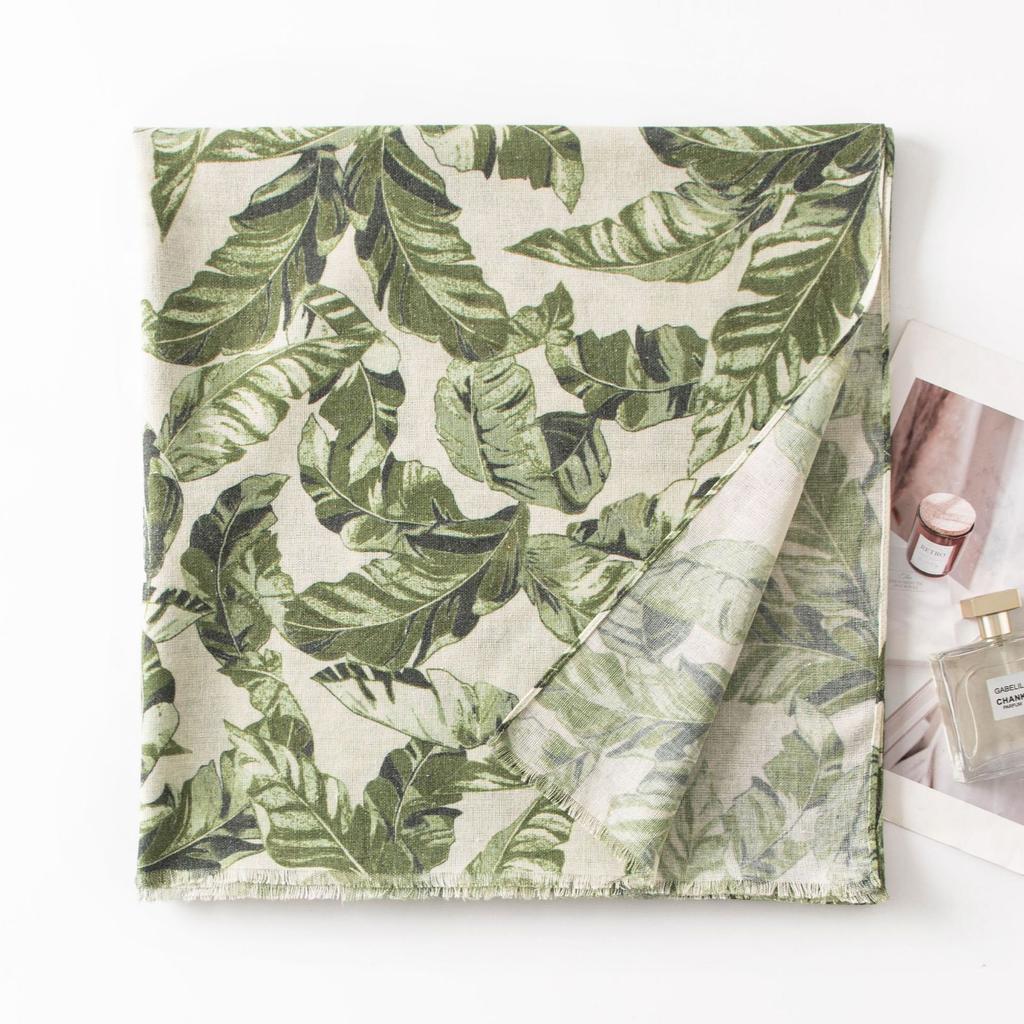 Ins Internet celebrity tropical leaf print long towel cotton and linen texture scarf travel vacation sunshade sunscreen large shawl